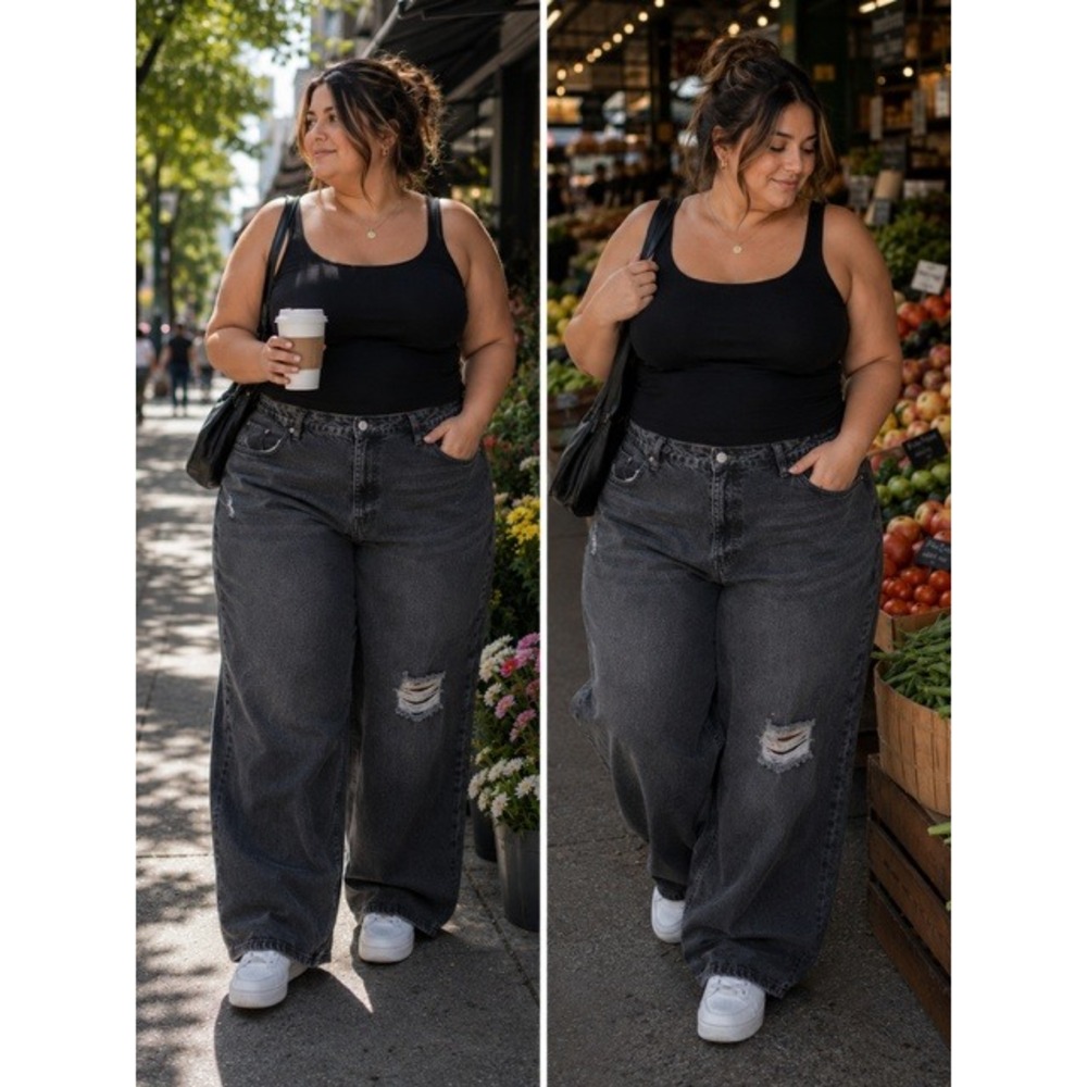 RFM Los Angeles Womens Plus Size 20 Distressed Wide Leg Jeans Faded Black Denim
